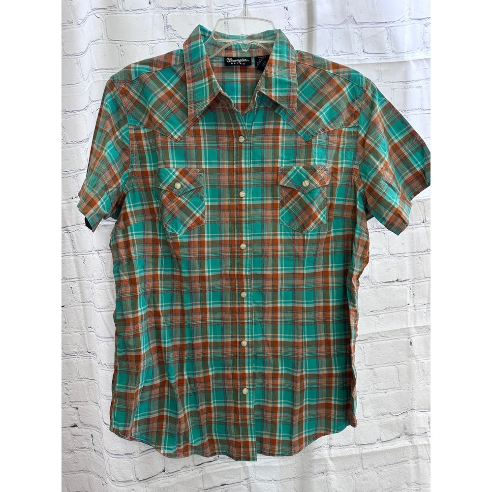Wrangler Retro Western Plaid Short‎ Sleeve Shirt Turquoise Brown Large